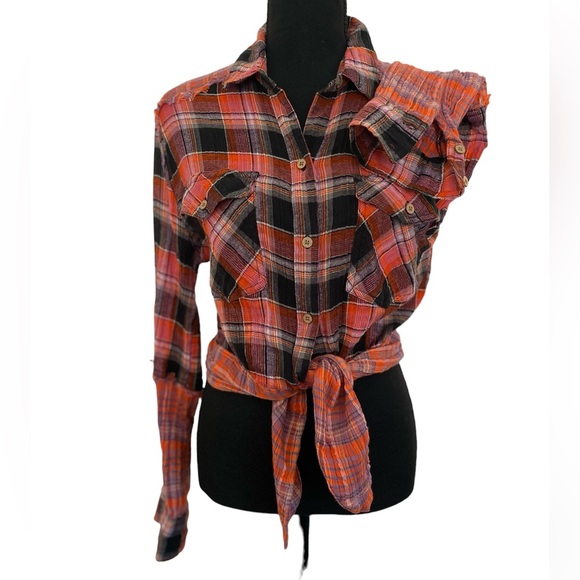 Free People We the Free Womens Multicolor Plaid Tie Waist Button Up Top Size M - Picture 5 of 12